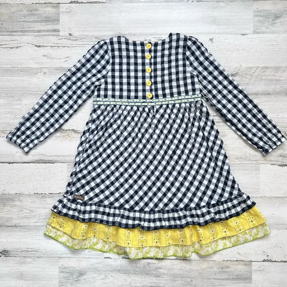 Matilda Jane Dress Girls 8 Navy Gingham Floral Long Sleeve Ruffle Cottagecore